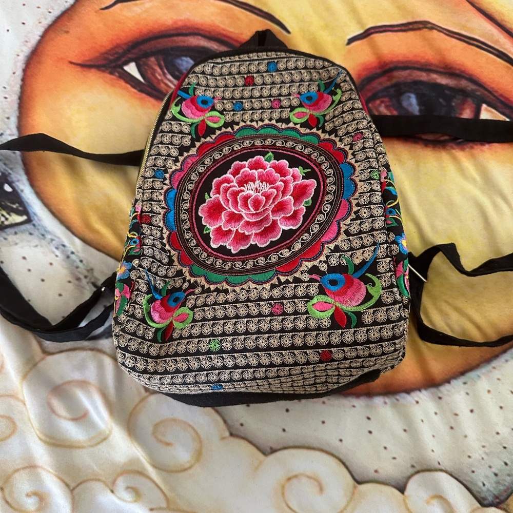 Floral Embroidered Backpack - Black and Pink